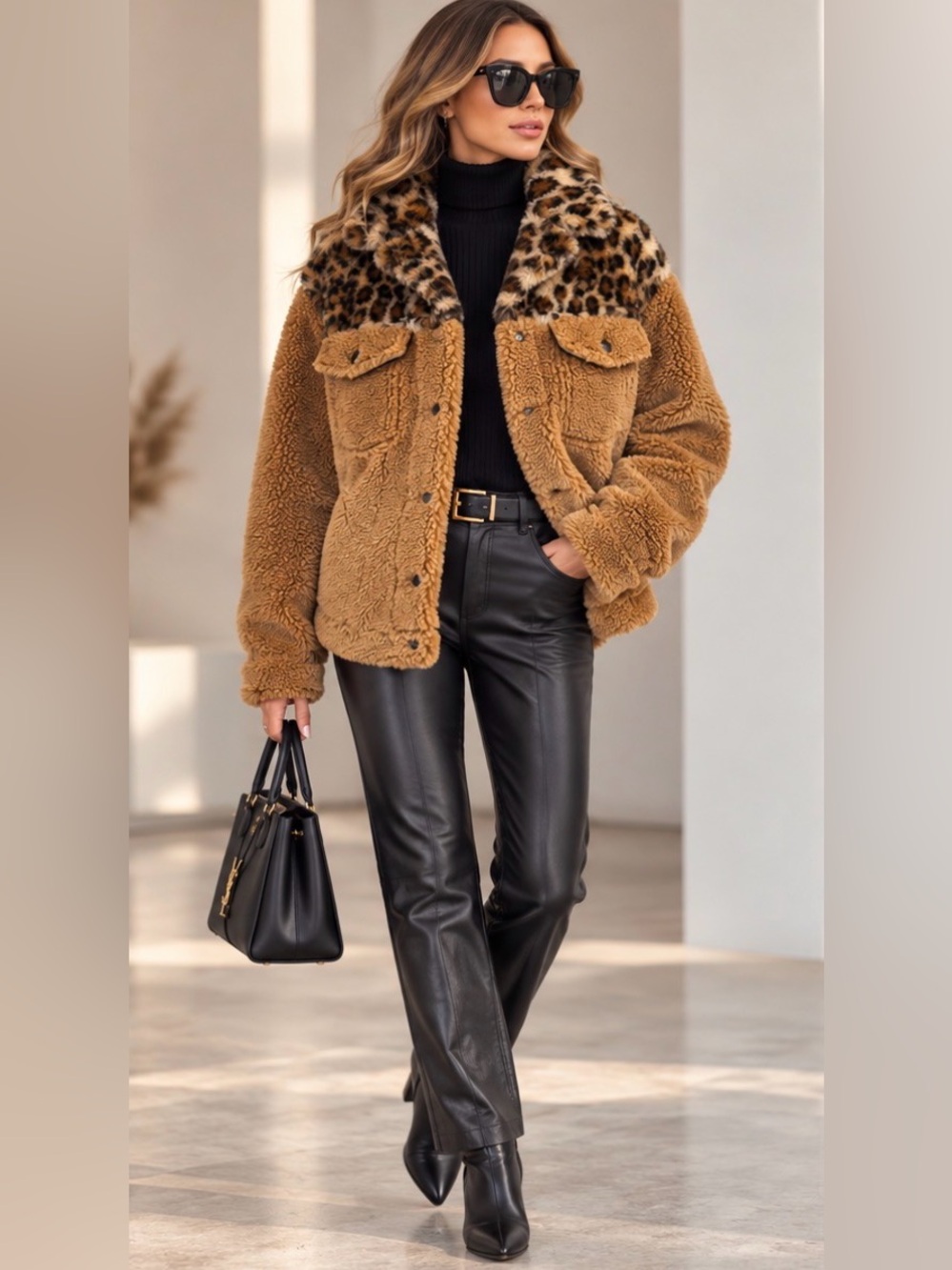 Jocelyn Brown Teddy Coat with Animal Print Faux Fur Trim(Generous Fit)